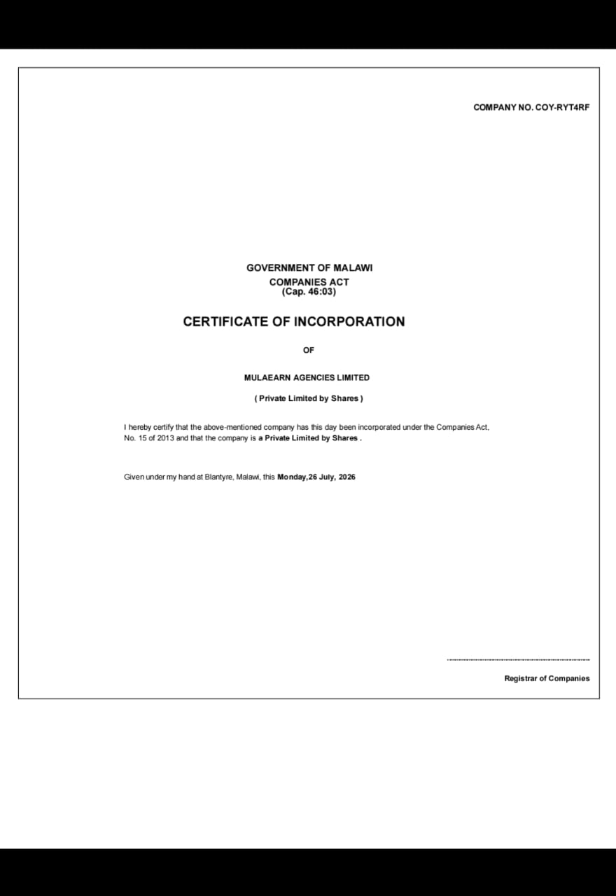 MulaEarn Agencies Malawi Certificate of Incorporation