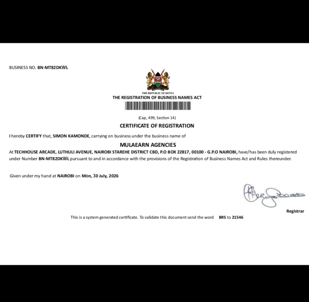 MulaEarn Agencies Kenya Certificate of Registration