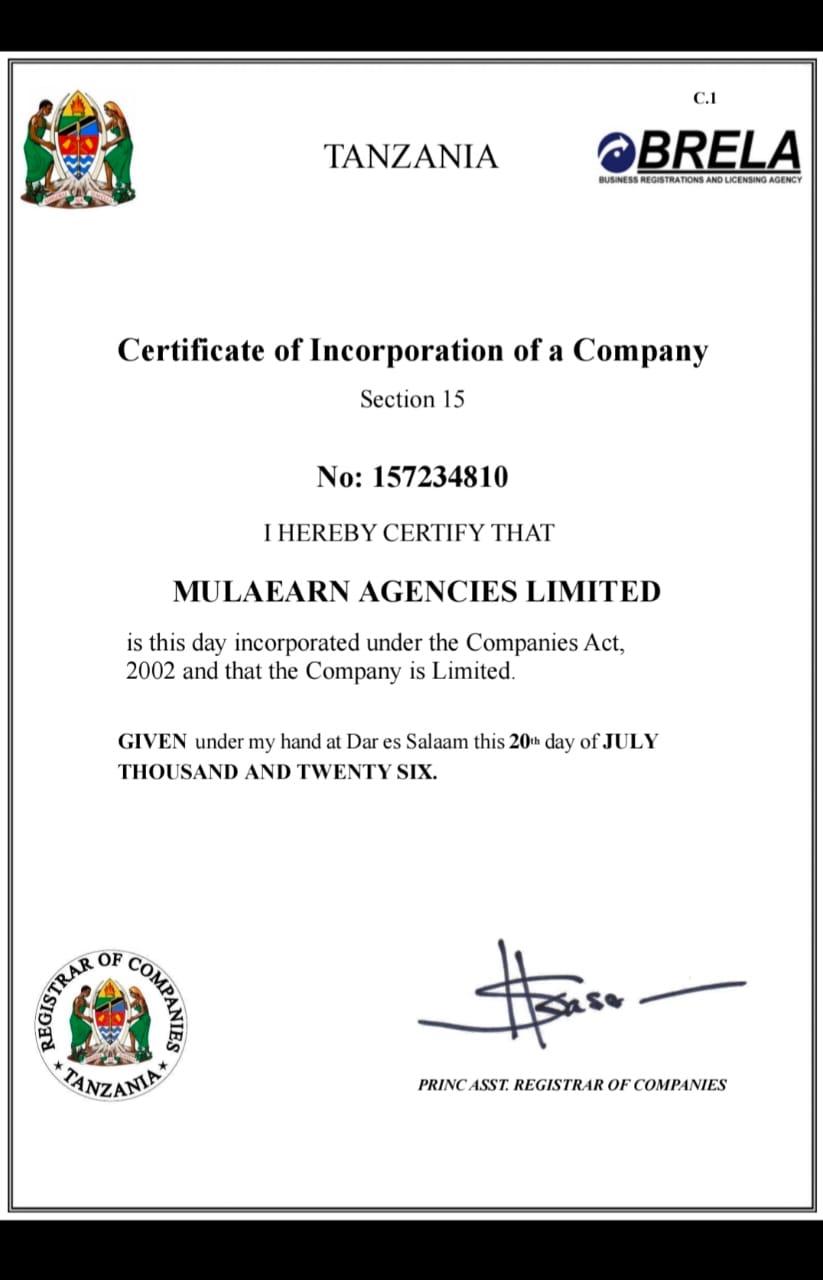 MulaEarn Agencies Tanzania Certificate of Incorporation
