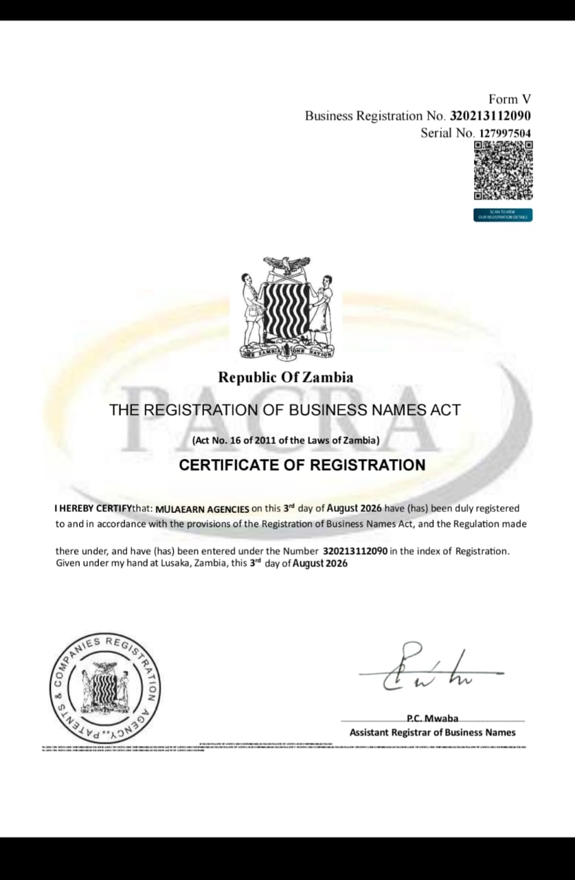 MulaEarn Agencies Zambia Certificate of Registration