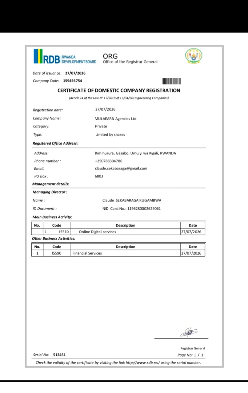 MulaEarn Agencies Rwanda Certificate of Domestic Company Registration