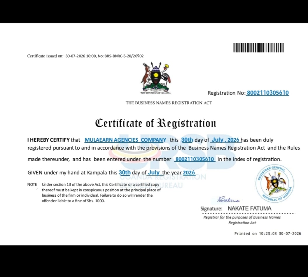 MulaEarn Agencies Uganda Certificate of Registration